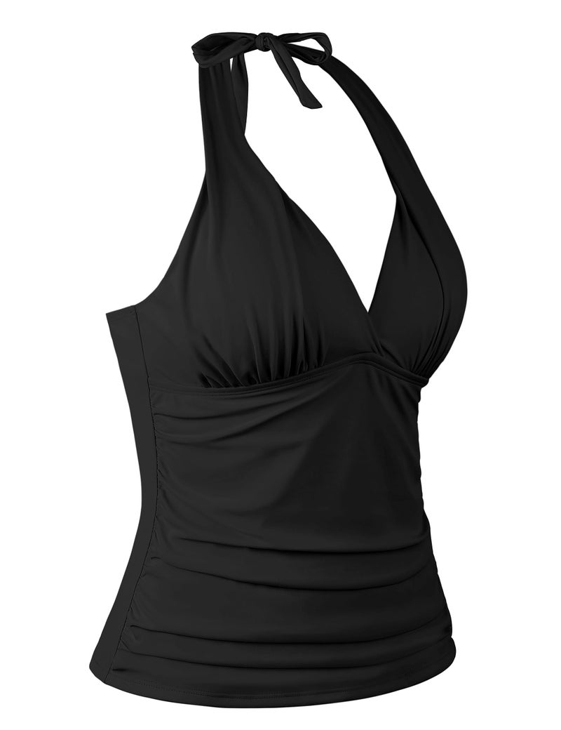 Hilor Women's Plunging V Neck Halter Swim Tops Shirred Tankini Top New Version Black 14 - Image 2